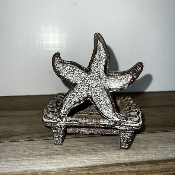 Cast Iron Soap Dish Antiqued White Star Fish Natical Decor Bathroom Kitchen Sink - Picture 6 of 8